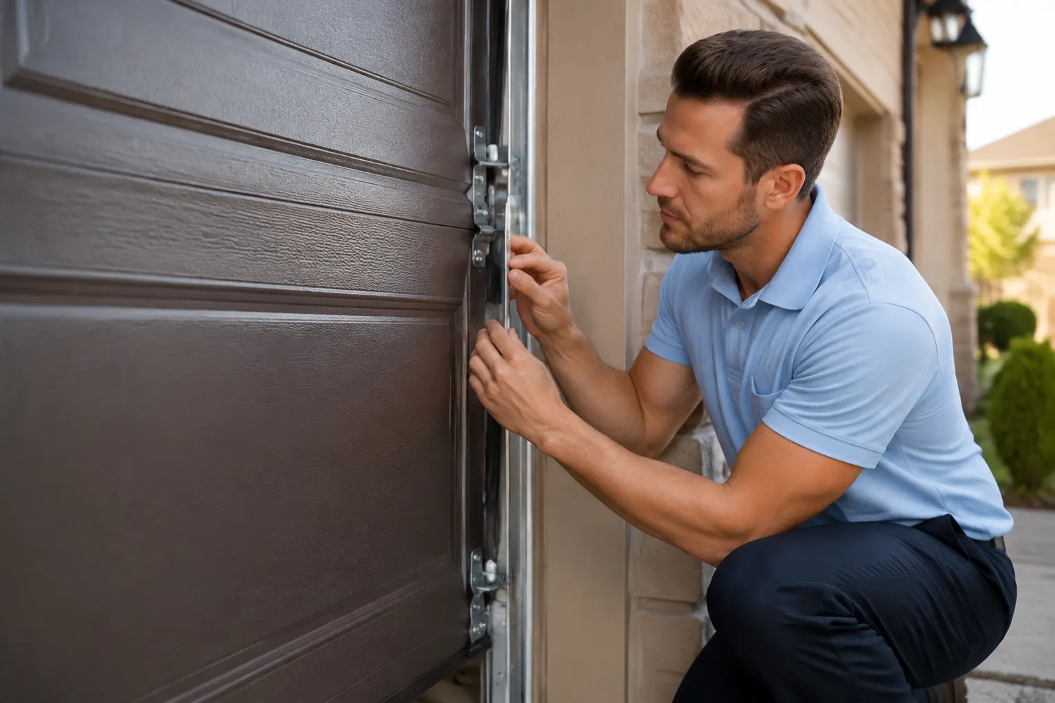 Garage door hardware being inspected
